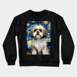 Cute Shih Tzu Dog Breed Painting in a Van Gogh Starry Night Art Style Crewneck Sweatshirt